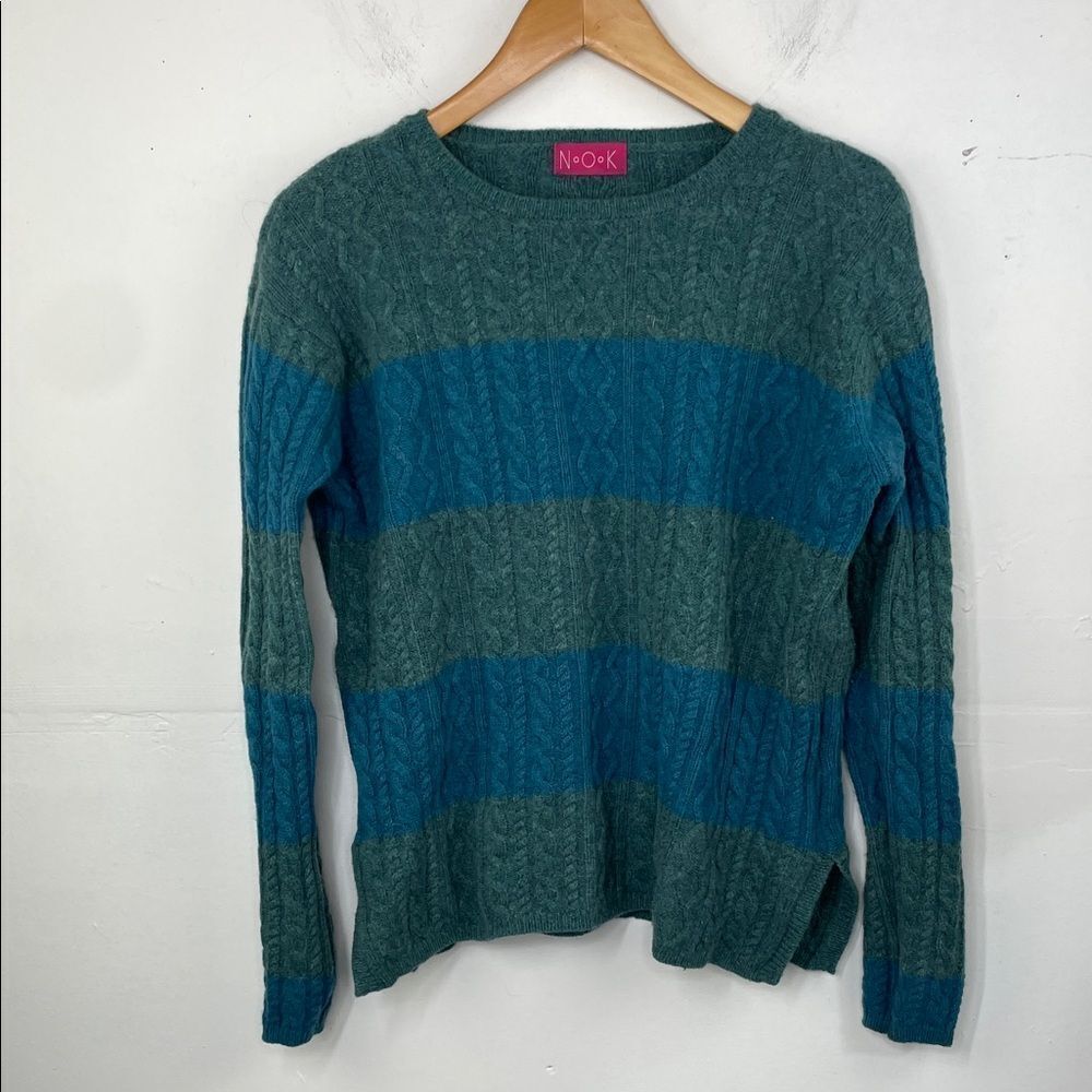 Noook Women's Cable Knit Sweater Teal and Blue Lambswool cotton blend Medium